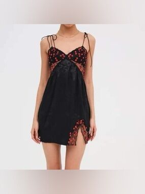 For Love and Lemons Black Satin Slip Dress with Red Floral Appliqué